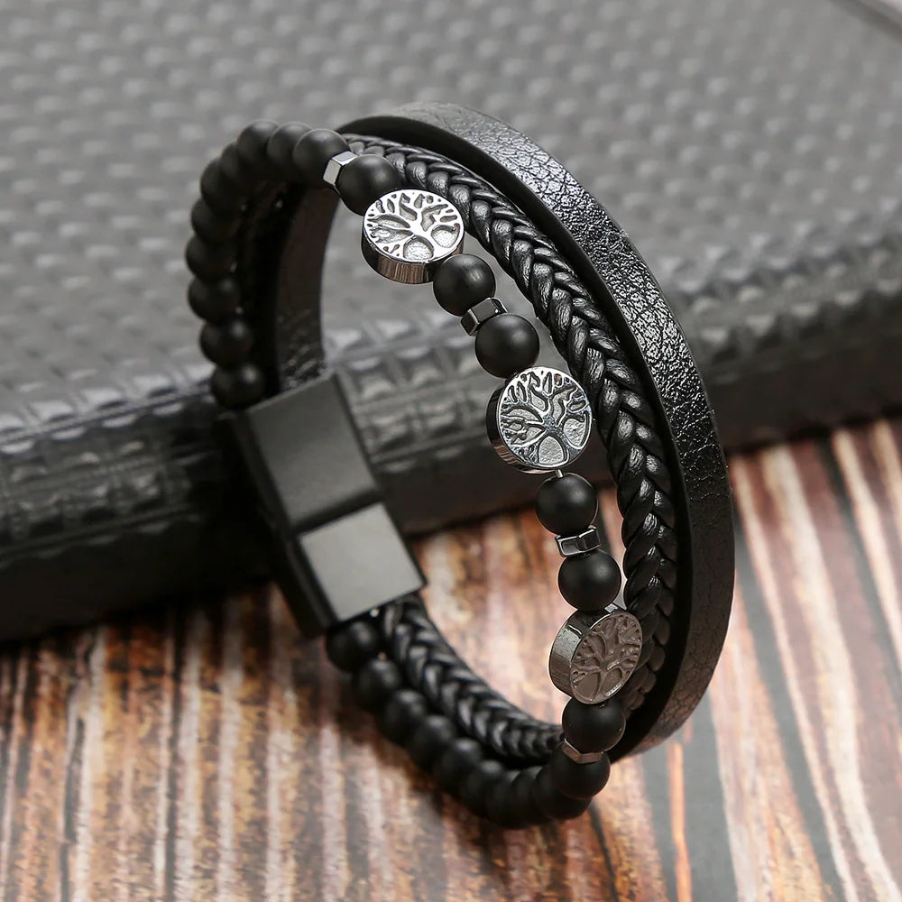 Pulsera Multicapa de Cuero y Piedras Naturales — Estilo Boho para Hombre