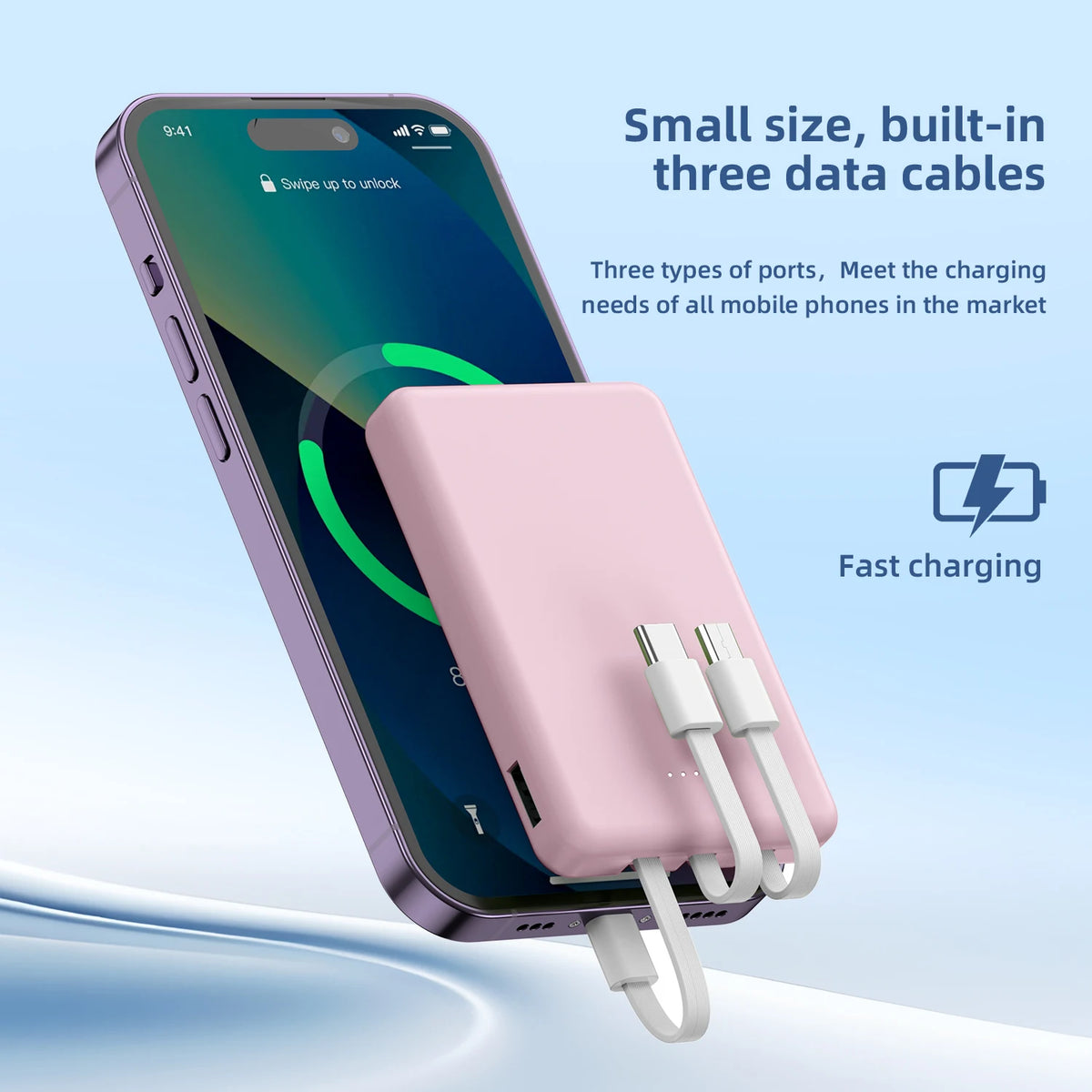 Power Bank Compacto con 3 Cables Integrados — Carga Rápida Universal