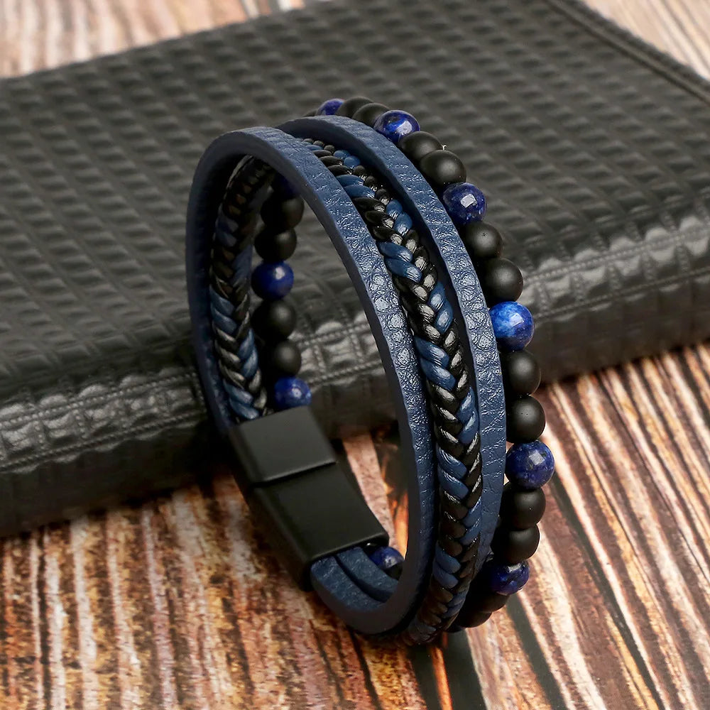 Pulsera Multicapa de Cuero y Piedras Naturales — Estilo Boho para Hombre