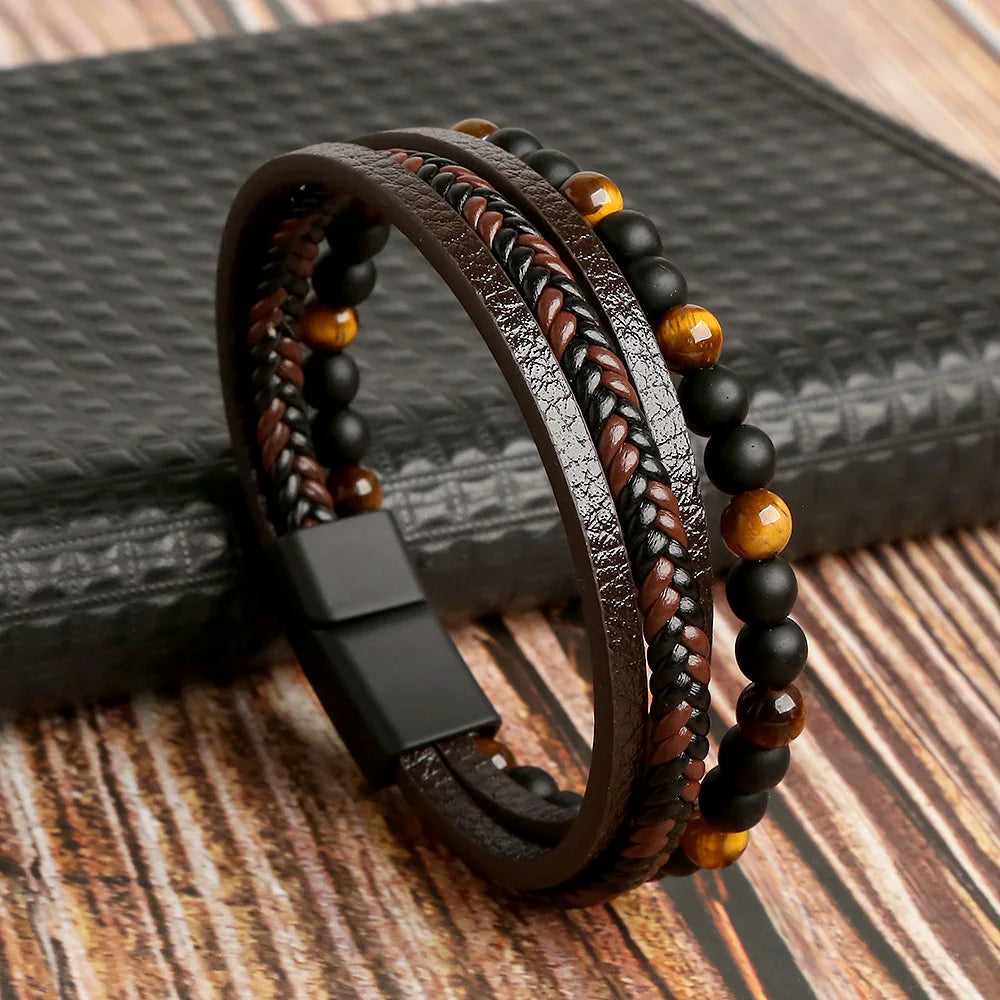 Pulsera Multicapa de Cuero y Piedras Naturales — Estilo Boho para Hombre