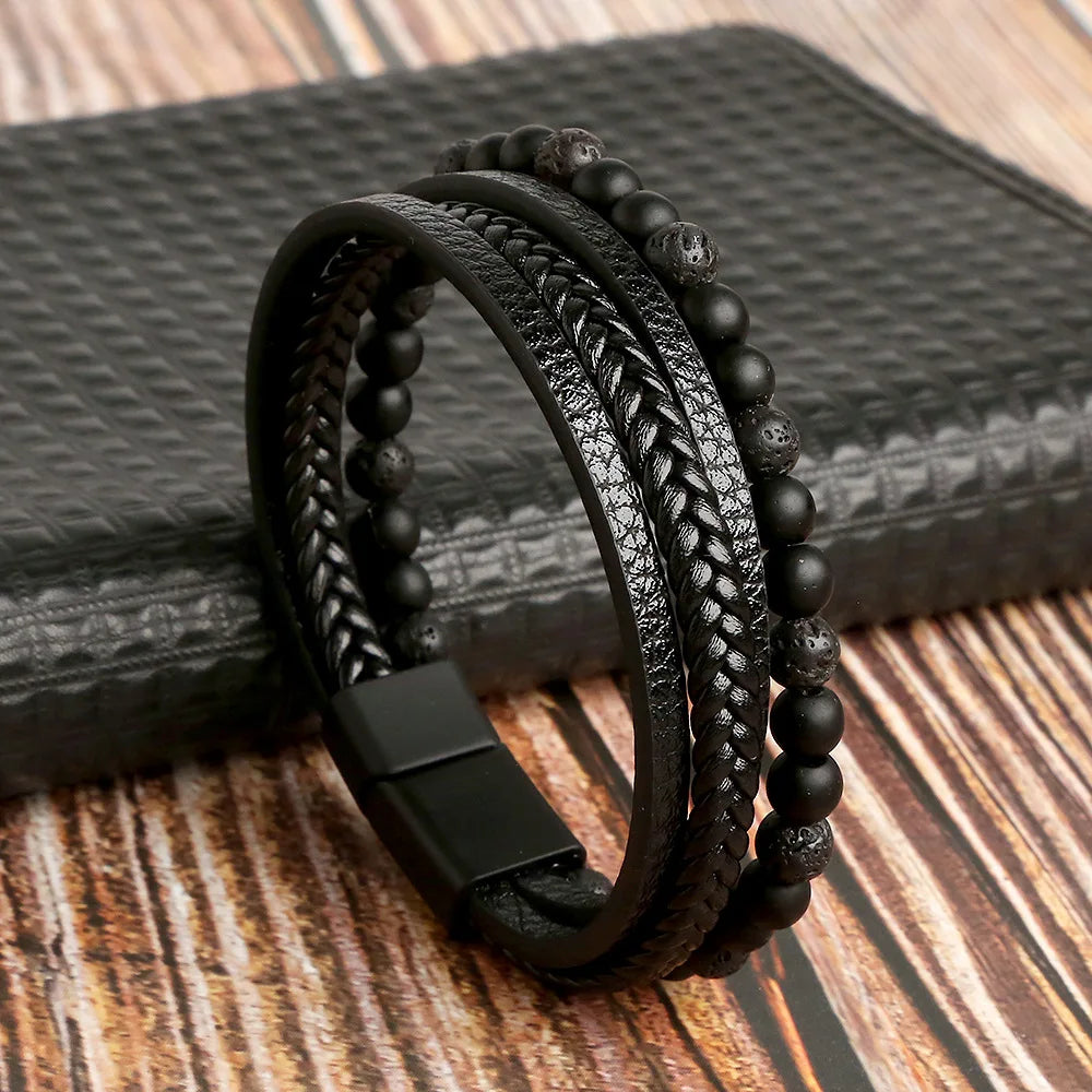 Pulsera Multicapa de Cuero y Piedras Naturales — Estilo Boho para Hombre
